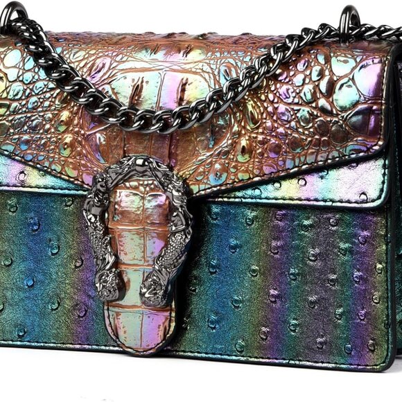Handbags - Brown crocodile print leather crossbody bag with chain for women, versatile size